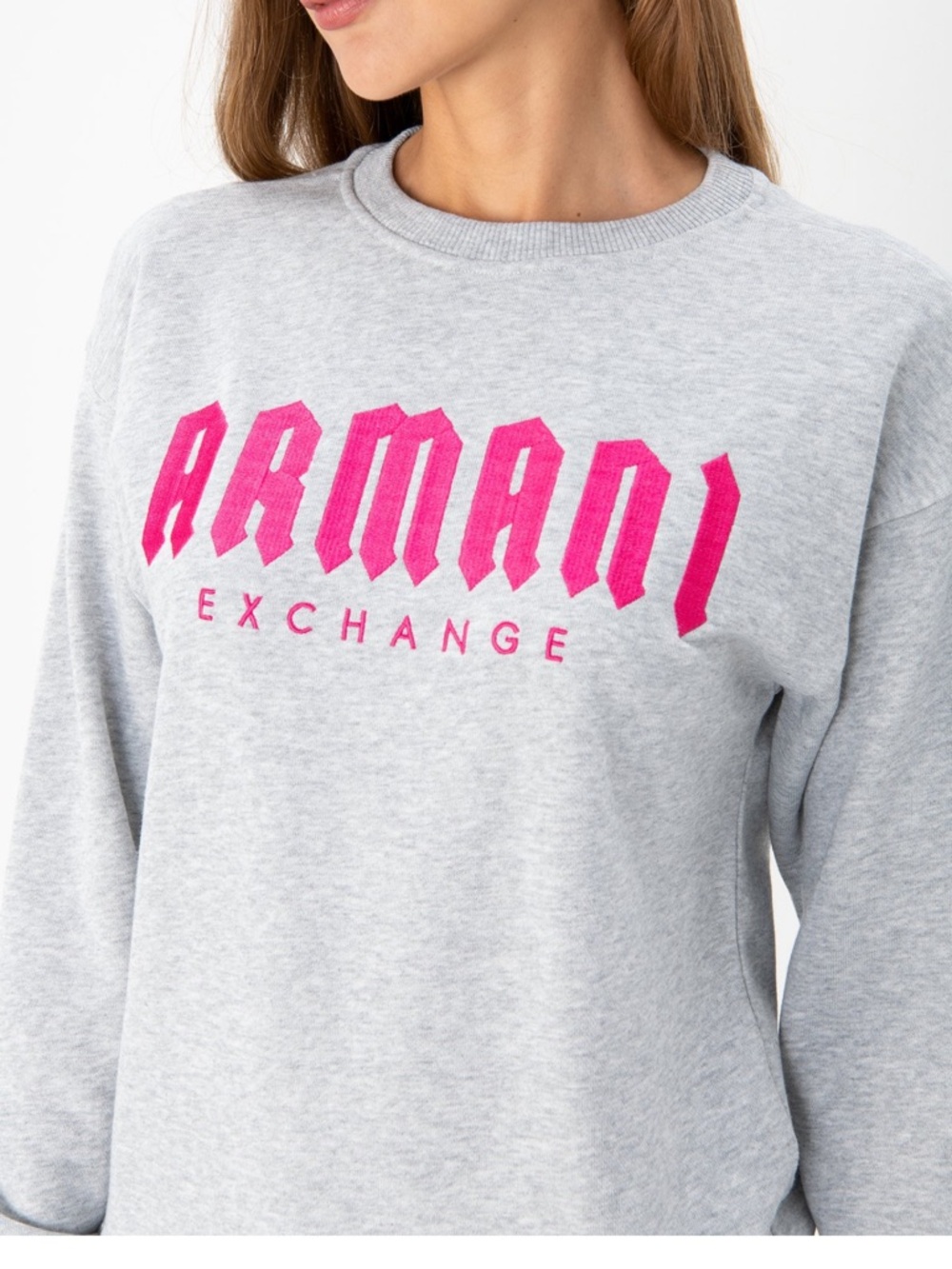 Armani Exchange Light Gray Pullover with Hot Pink Logo